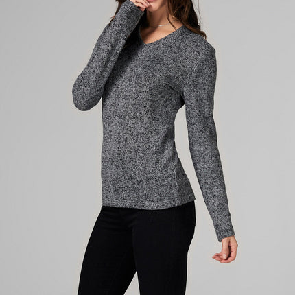 WOMEN'S MELANGE KNIT V-NECK PULLOVER SWEATSHIRT - BLACK
