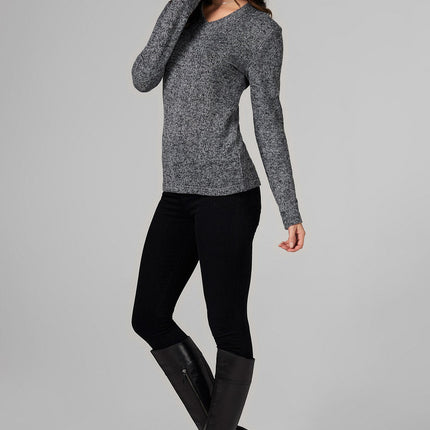 WOMEN'S MELANGE KNIT V-NECK PULLOVER SWEATSHIRT - BLACK