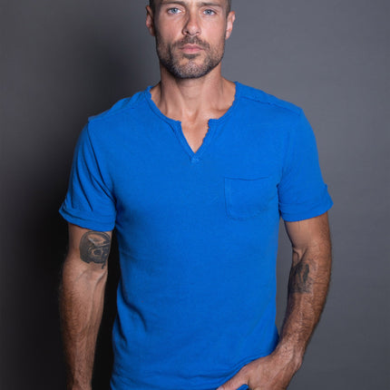 Men's Linen Blend Raw Edge Split V-Neck Tee