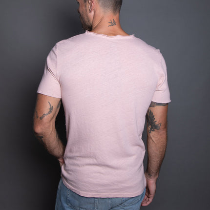 Men's Linen Blend Raw Edge Split V-Neck Tee