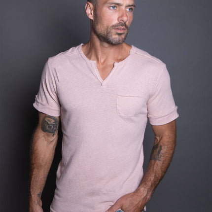 Men's Linen Blend Raw Edge Split V-Neck Tee