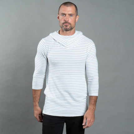 Men's 3/4 Sleeve Cowl Neck Visor Hoodie - White & Navy Thin Stripe