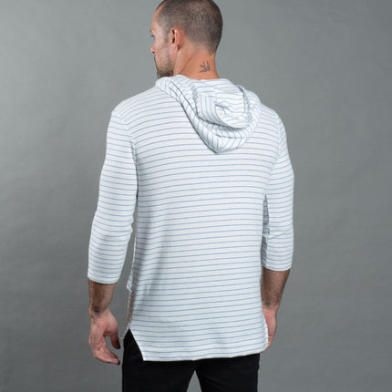 Men's 3/4 Sleeve Cowl Neck Visor Hoodie - White & Navy Thin Stripe