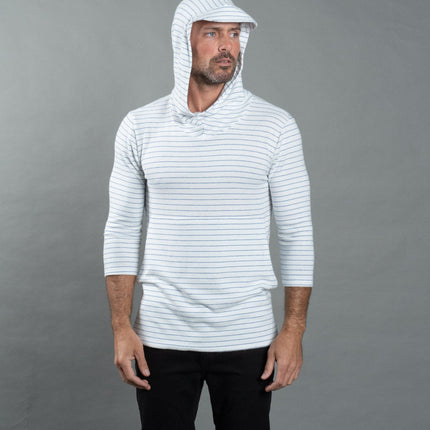 Men's 3/4 Sleeve Cowl Neck Visor Hoodie - White & Navy Thin Stripe