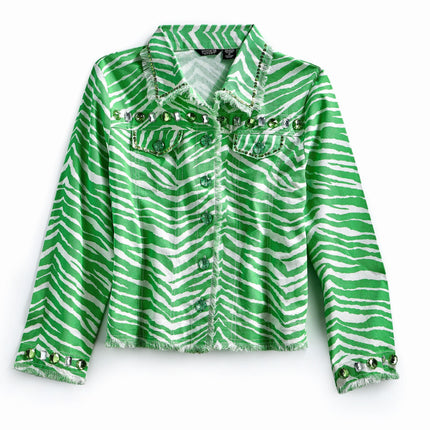 Women's Jewel Trimmed Zebra Printed Canvas Jacket