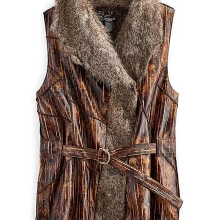 Women's Faux Fur Trimmed Belted Vegan Leather Vest