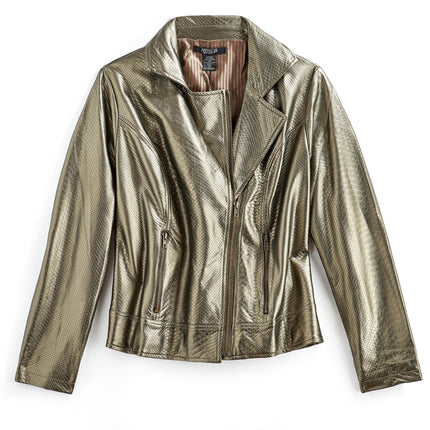 Women's Asymmetrical Zip up Metallic Snake Pattern Moto Jacket