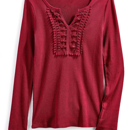 Women's Open Crochet And Jewel Trim V-Neck Knit Top in Cotton Rib Knit