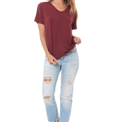 WOMEN'S MODAL V-NECK TEE - MAROON