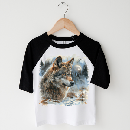 Retro Wolf Watercolor Nature Scene Shirt - Kids Tee