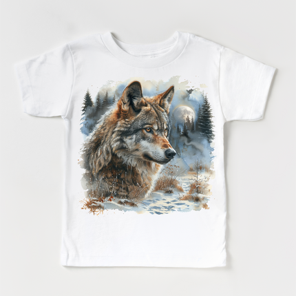 Retro Wolf Watercolor Nature Scene Shirt - Kids Tee