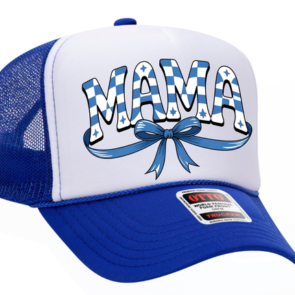 Mama Blue Checkered Bow Adult Otto Foam Trucker Hat