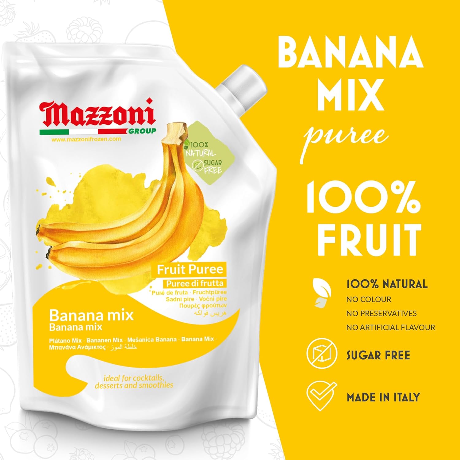 Mazzoni, Banana Mix Puree, 100% Pure Banana Mix, Just Fruit, No Sugar Added, 2.2 lb