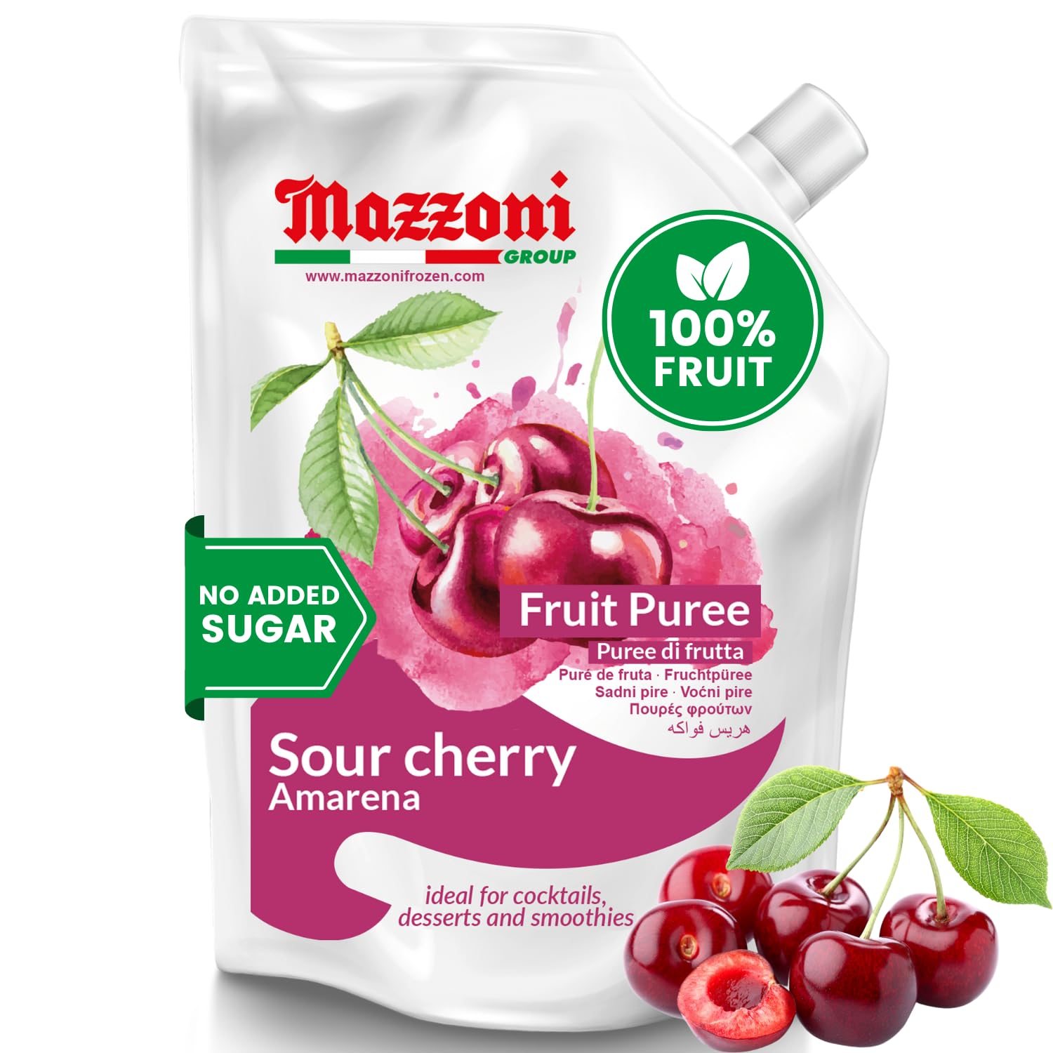 Mazzoni, Sour Cherry Puree, 100% Pure Sour Cherry, Just Fruit, No Sugar Added, 2.2 lb