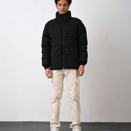 Men's Premium Puffer Jacket with High Collar and Utility Pockets
