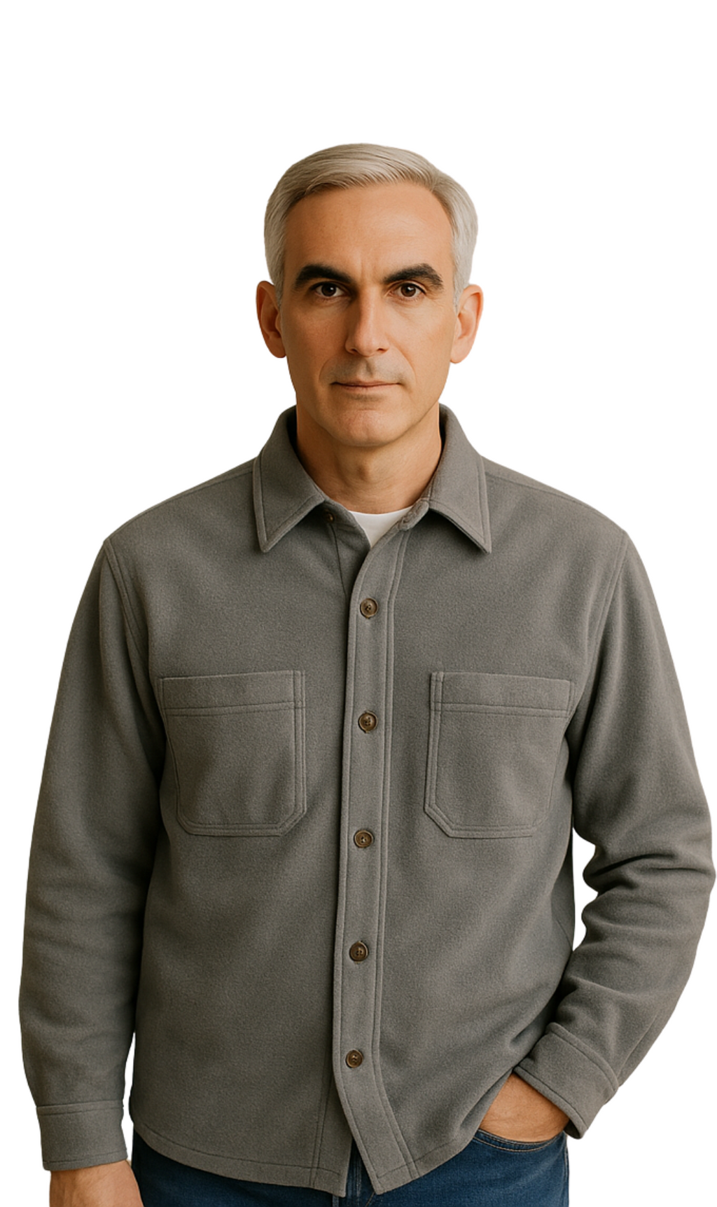 Men's Heathered Fleece Overshirt with Chest Pockets and Tortoise-shell patterned Buttons