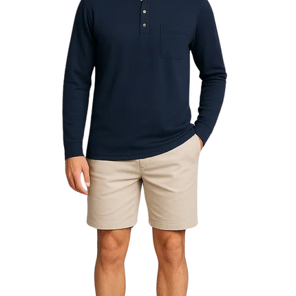 Men's Long Sleeve Henley shirt in cotton blend with 3 Button Placket & Chest Pocket