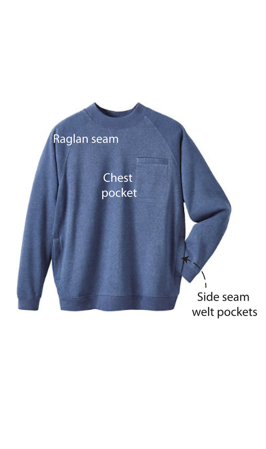 Mens 3-Pocket Fleece Sweatshirt with Raglan Seams, Chest Pocket and Tagless Neck
