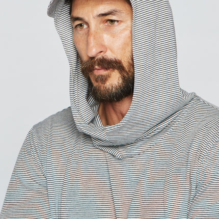 Men's 3/4 Sleeve Cowl Neck Visor Hoodie - Grey & White Stripe