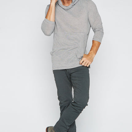 Men's 3/4 Sleeve Cowl Neck Visor Hoodie - Grey & White Stripe