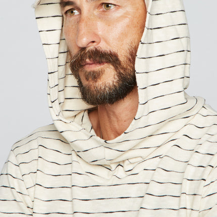 Men's Cambridge 3/4 Sleeve Cowl Neck Visor Hoodie Sweater - Hacci Slub Black/Ivory Stripe