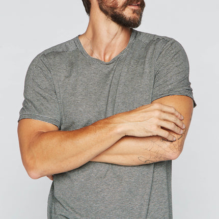 Men's Raw Edge Patch Sleeve Stripe Tee - Black / White Mini Stripe