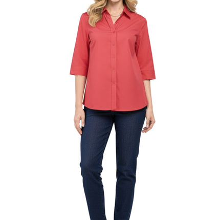 Womens Regular Fit 3/4 Sleeve Button Down Collared Camp Shirt