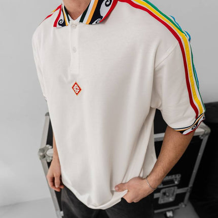 Ethnic Trim Oversized Polo T-Shirt – White Unisex Streetwear