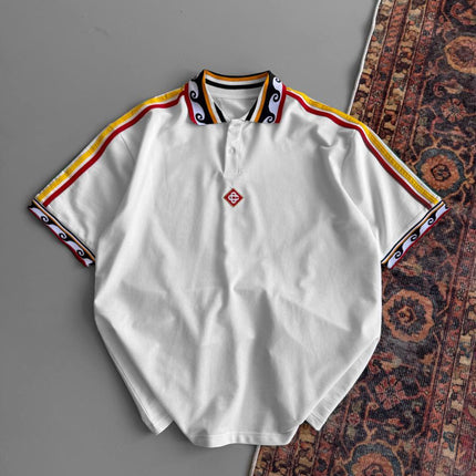 Ethnic Trim Oversized Polo T-Shirt – White Unisex Streetwear