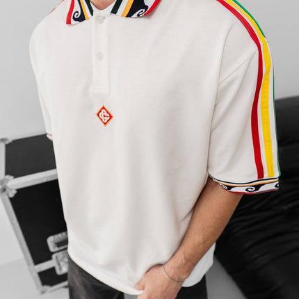 Ethnic Trim Oversized Polo T-Shirt – White Unisex Streetwear