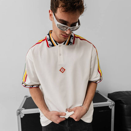 Ethnic Trim Oversized Polo T-Shirt – White Unisex Streetwear