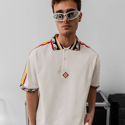 Ethnic Trim Oversized Polo T-Shirt – White Unisex Streetwear