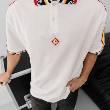 Ethnic Trim Oversized Polo T-Shirt – White Unisex Streetwear