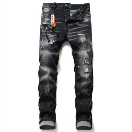 Black And Gray Paint Hole Zipper Decorations Personality Jeans Men