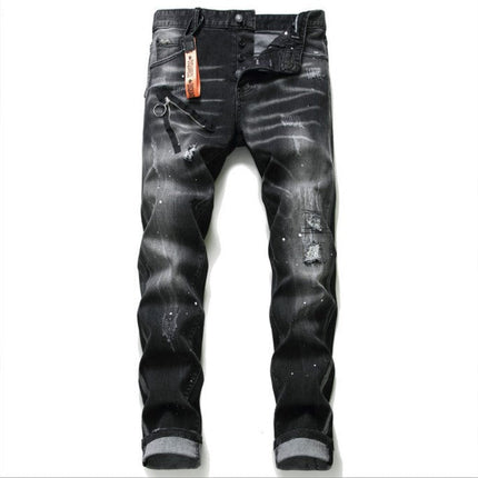 Black And Gray Paint Hole Zipper Decorations Personality Jeans Men