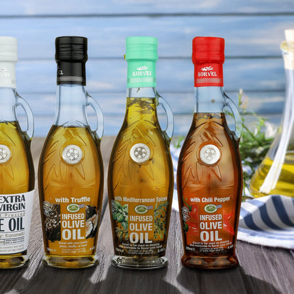 KORVEL Greek Olive Oil Set - 4 Flavors in Elegant Bottles