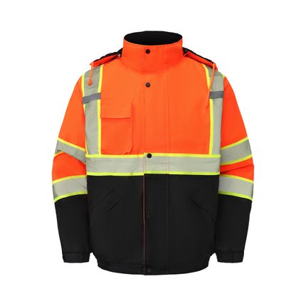 Kingstone High Visibility Hooded and Fleece Lined ANSI/ISEA 107-2020, Type R, Class 3 Two-Tone, Contrast Trimmed Orange Safety Jacket