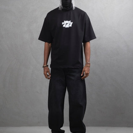 Oversize Cotton Tee - "777" Graphic Print Shirt
