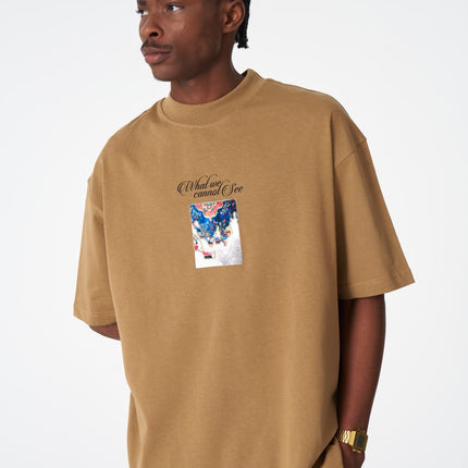Oversize Cotton Tee / "AWARE" Dove Hands Symbolic Graphic Print