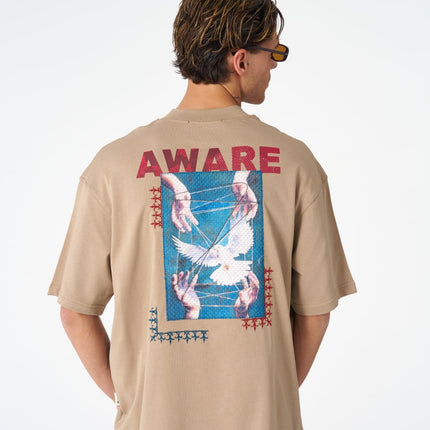 Oversize Cotton Tee / "AWARE" Dove Hands Symbolic Graphic Print