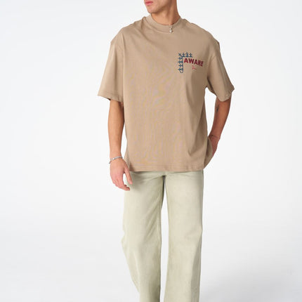 Oversize Cotton Tee / "AWARE" Dove Hands Symbolic Graphic Print