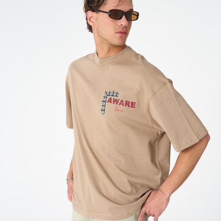 Oversize Cotton Tee / "AWARE" Dove Hands Symbolic Graphic Print