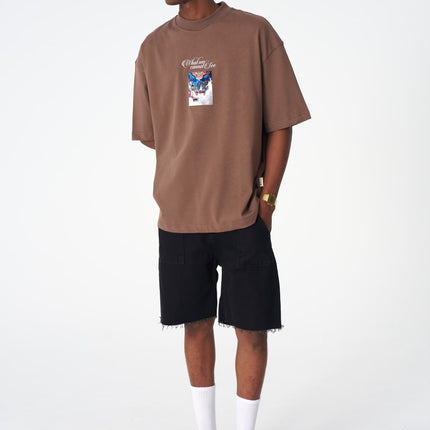 Oversize Cotton Tee / "AWARE" Dove Hands Symbolic Graphic Print