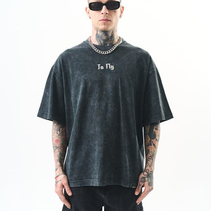 Oversize Cotton Tee - Crows and "To Fly" Graphic Print