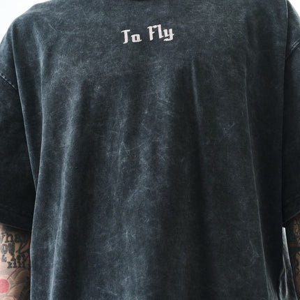 Oversize Cotton Tee - Crows and "To Fly" Graphic Print