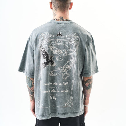 Oversize Cotton Tee - Crows and "To Fly" Graphic Print