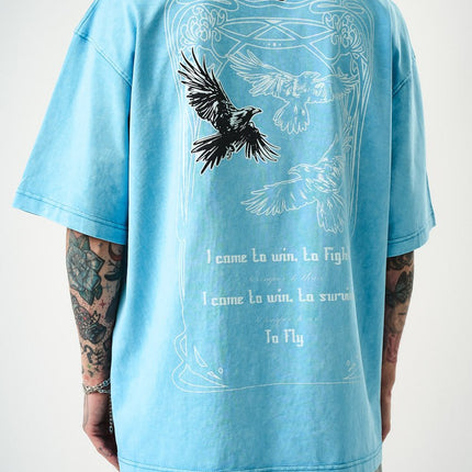 Oversize Cotton Tee - Crows and "To Fly" Graphic Print