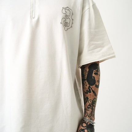 Oversize Cotton Tee - Half-Zip High Neck Chain Graphic Shirt