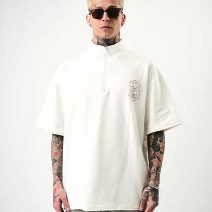 Oversize Cotton Tee - Half-Zip High Neck Chain Graphic Shirt