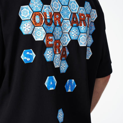 Oversize Cotton Tee / Hexagon Mosaic Graphic Print "OUR ART ERA SAW"
